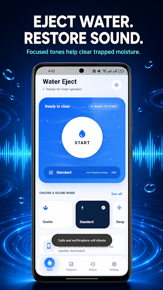 ClearWave water eject screen in a phone frame