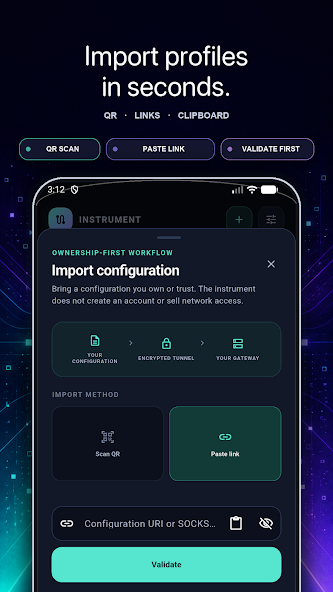 V2Ray Tunnel import screen in a phone frame